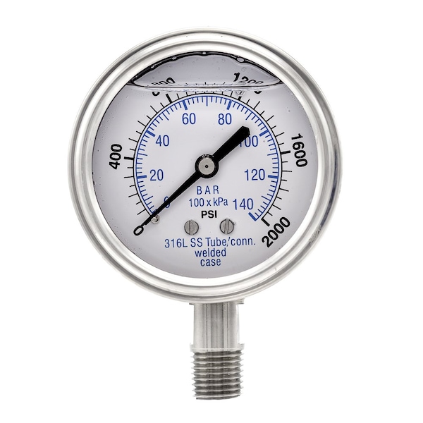 Pro 2 1/2 in Dial, 0/2000 PSI & Bar, 1/4 in NPT, Lower Mount Glycerin Filled Pressure Gauge PRO-301L-254O-01 - main
